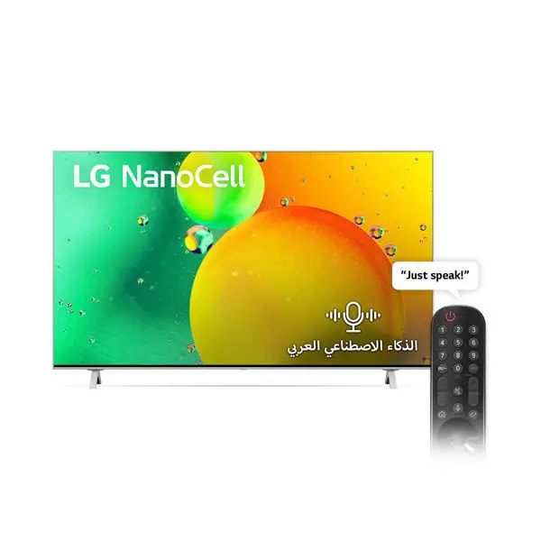 تلفزيون LG NanoCell بحجم 50 بوصة من سلسلة NANO77 بتصميم شاشة سينمائية، بدقة ووضوح 4K بتقنية Active HDR، يعمل بنظام التشغيل webOS22 مع تقنية الذكاء الاصطناعي 50NANO776QA - ThinQ