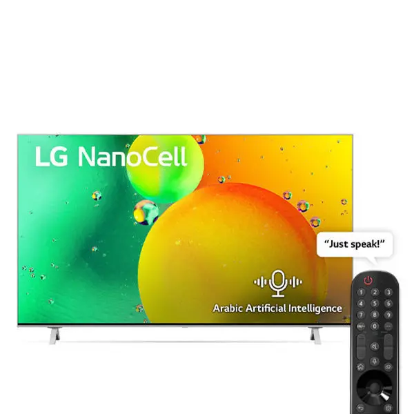 تلفزيون NanoCell من LG مقاس 55 بوصة من سلسلة NANO77، مع HDR (النطاق الديناميكي العالي) النشط بدقة 4K بتصميم الشاشة السينمائية وتقنية AI ThinQ للتلفزيون الذكي بنظام التشغيل 55NANO776QA - WebOS